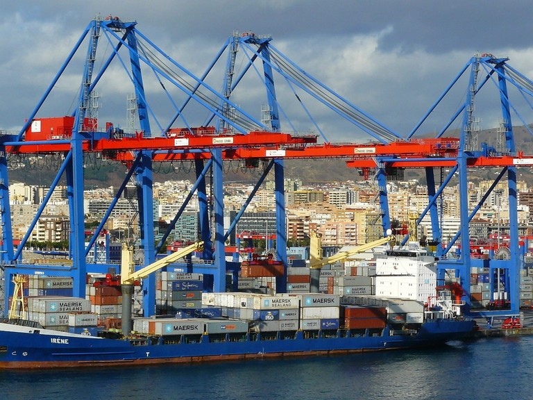 Container terminal with cranes and cargo ships