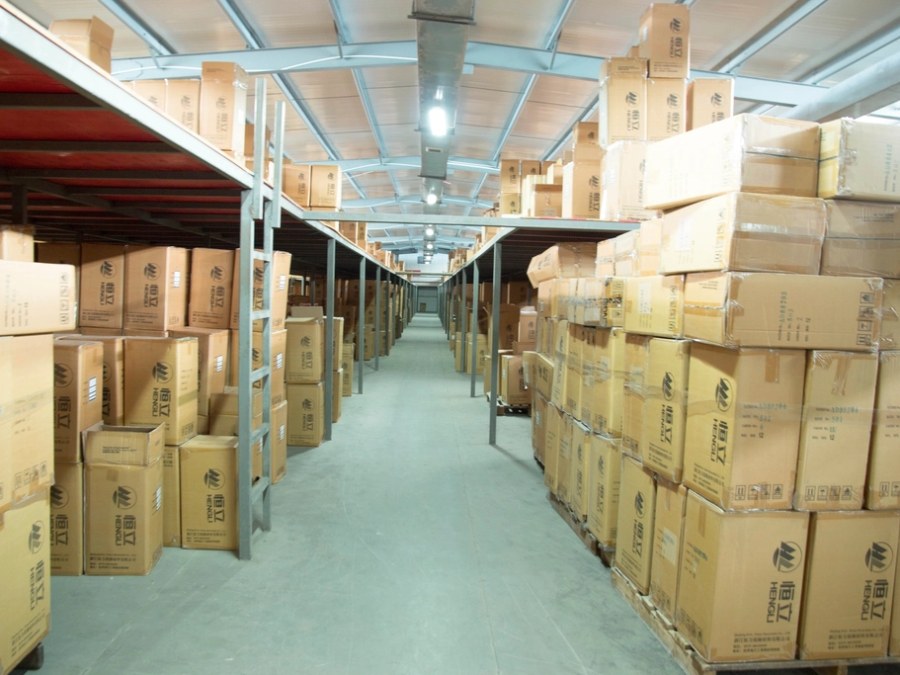 Boxed products in a warehouse